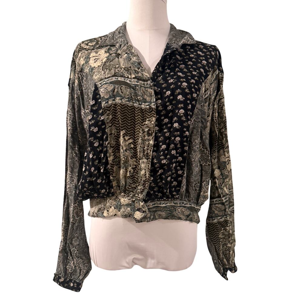 Carole Little St Tropez Women Cropped Patchwork Blouse Boho Medium Long Sleeve